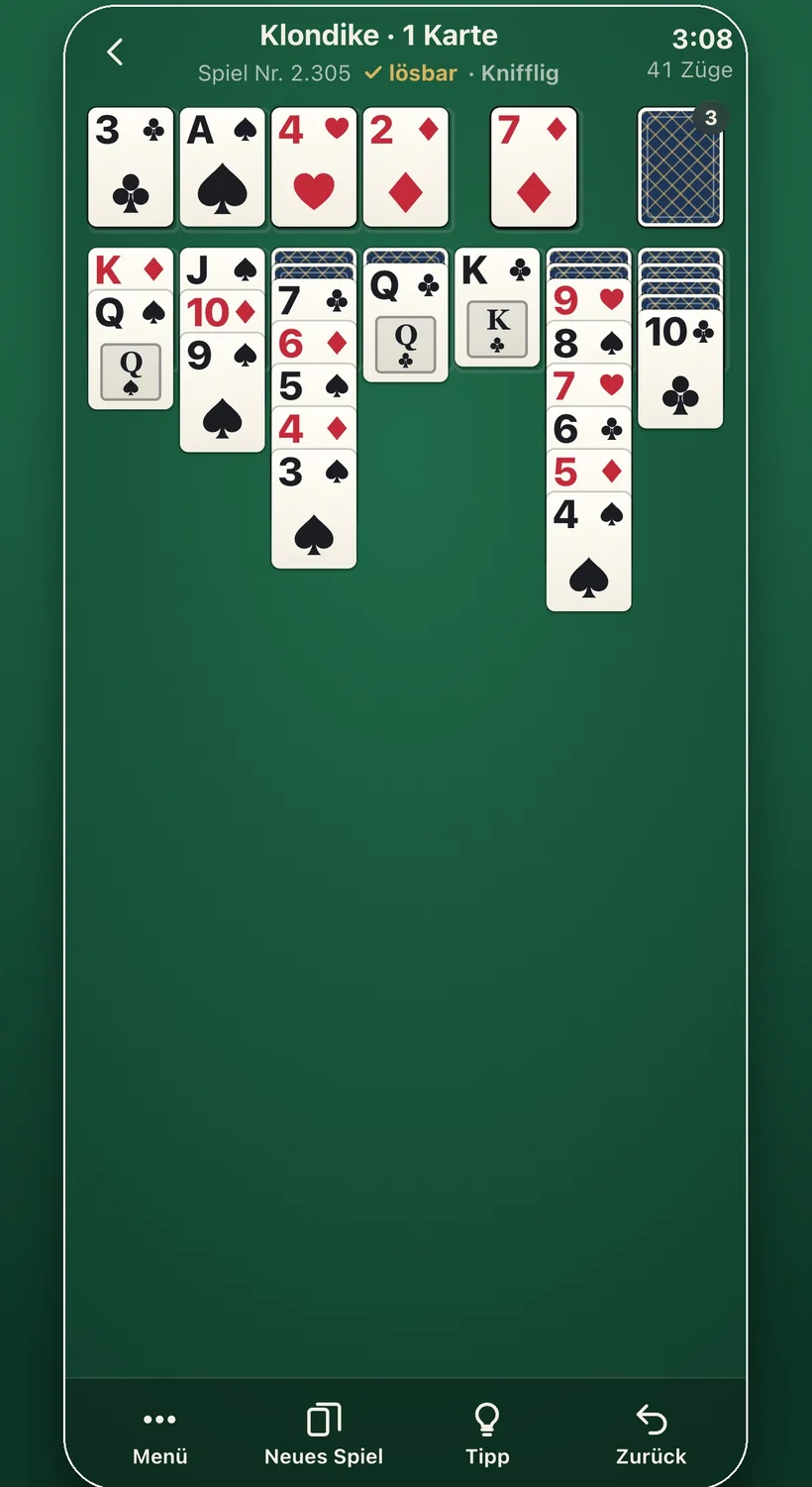 Ein Klondike-Spiel in Dealproof Solitaire, als lösbar markiert