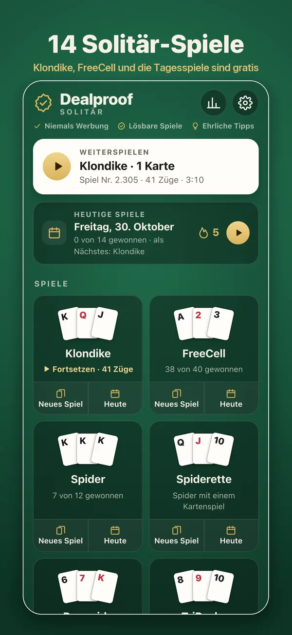Der Startbildschirm mit allen 14 Spielen
