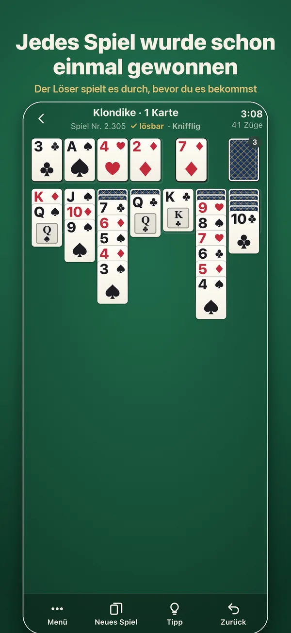 Ein Klondike-Spiel, als lösbar markiert