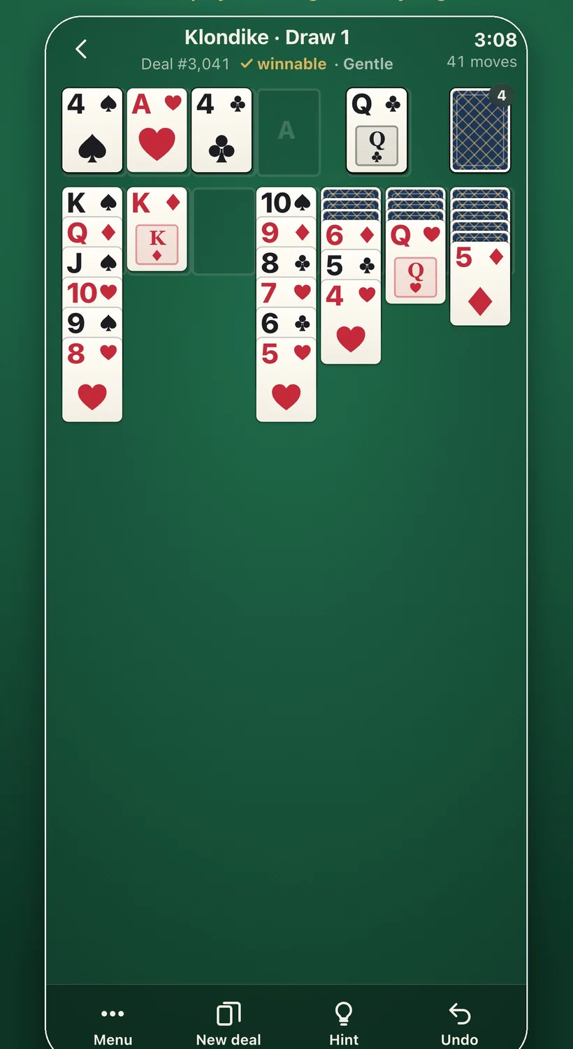 A Klondike game in Dealproof Solitaire, marked winnable