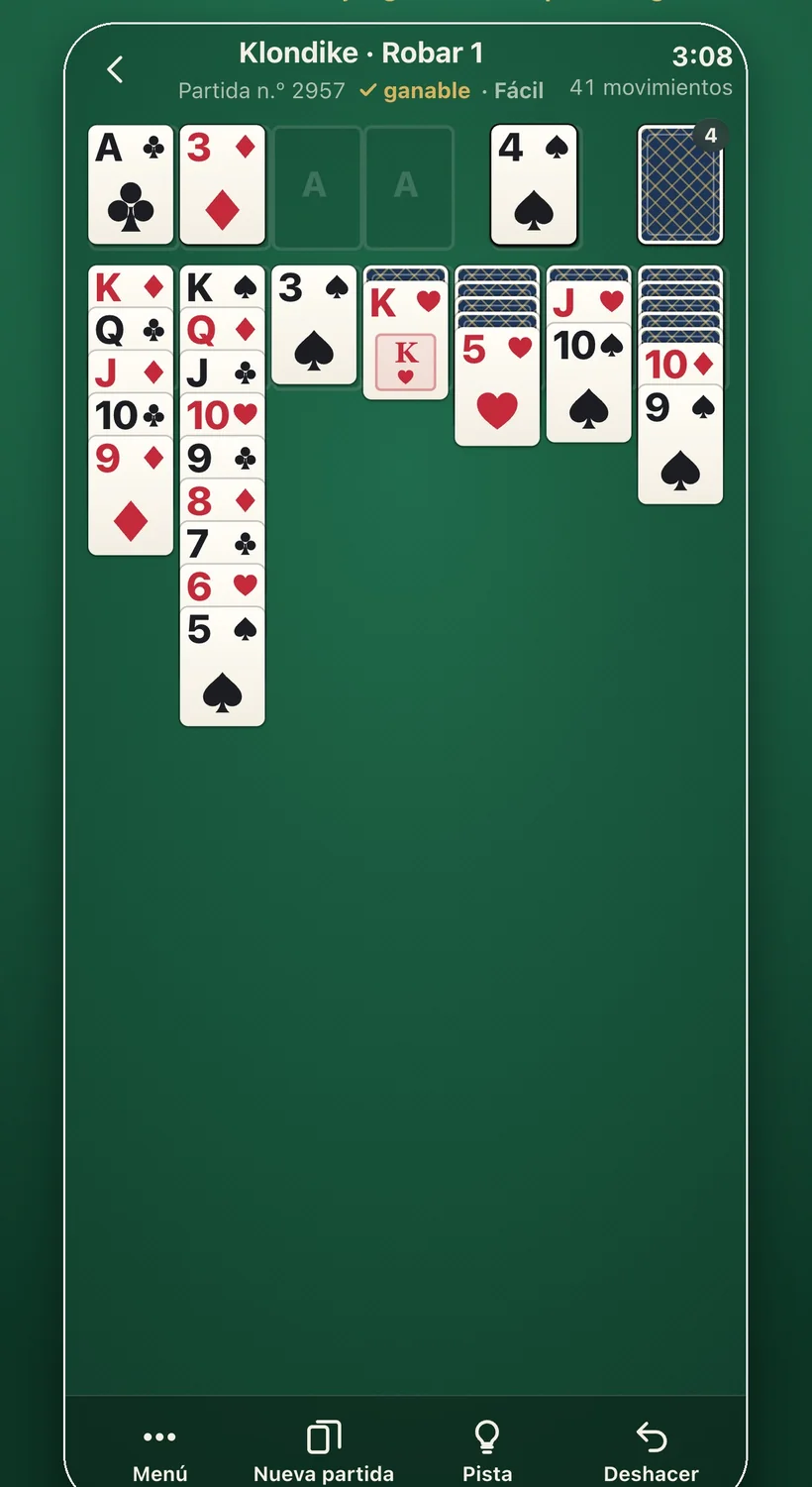 Una partida de Klondike en Dealproof Solitaire, marcada como ganable