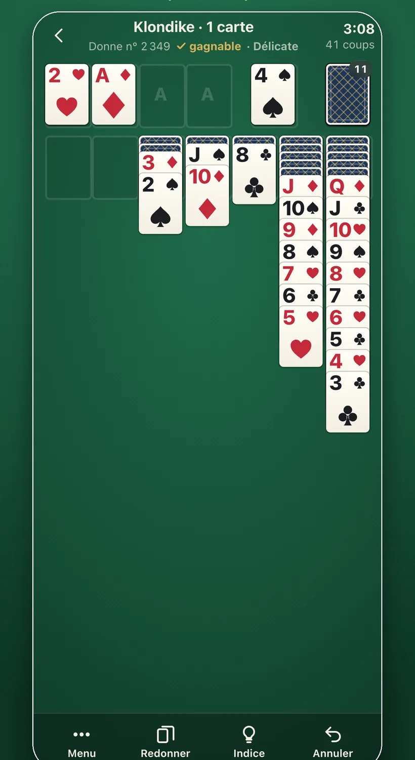 Une partie de Klondike dans Dealproof Solitaire, marquée gagnable