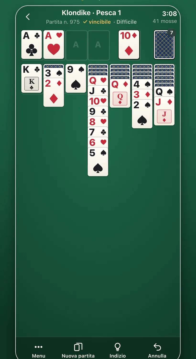 Una partita a Klondike in Dealproof Solitaire, segnata come vincibile