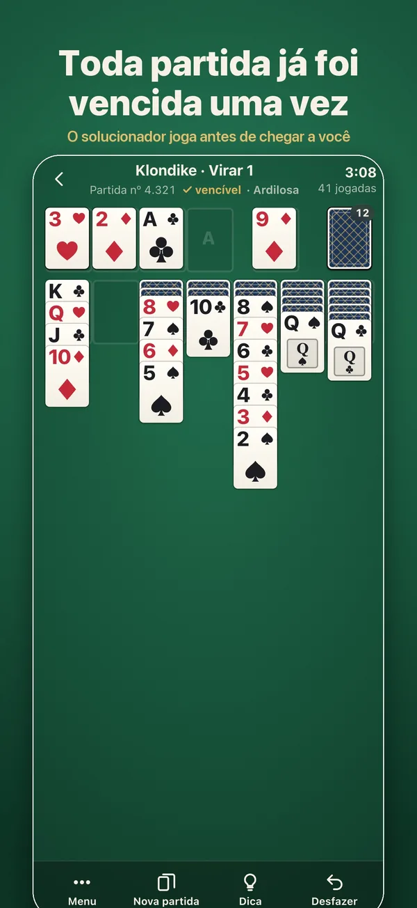 Uma partida de Klondike marcada como vencível